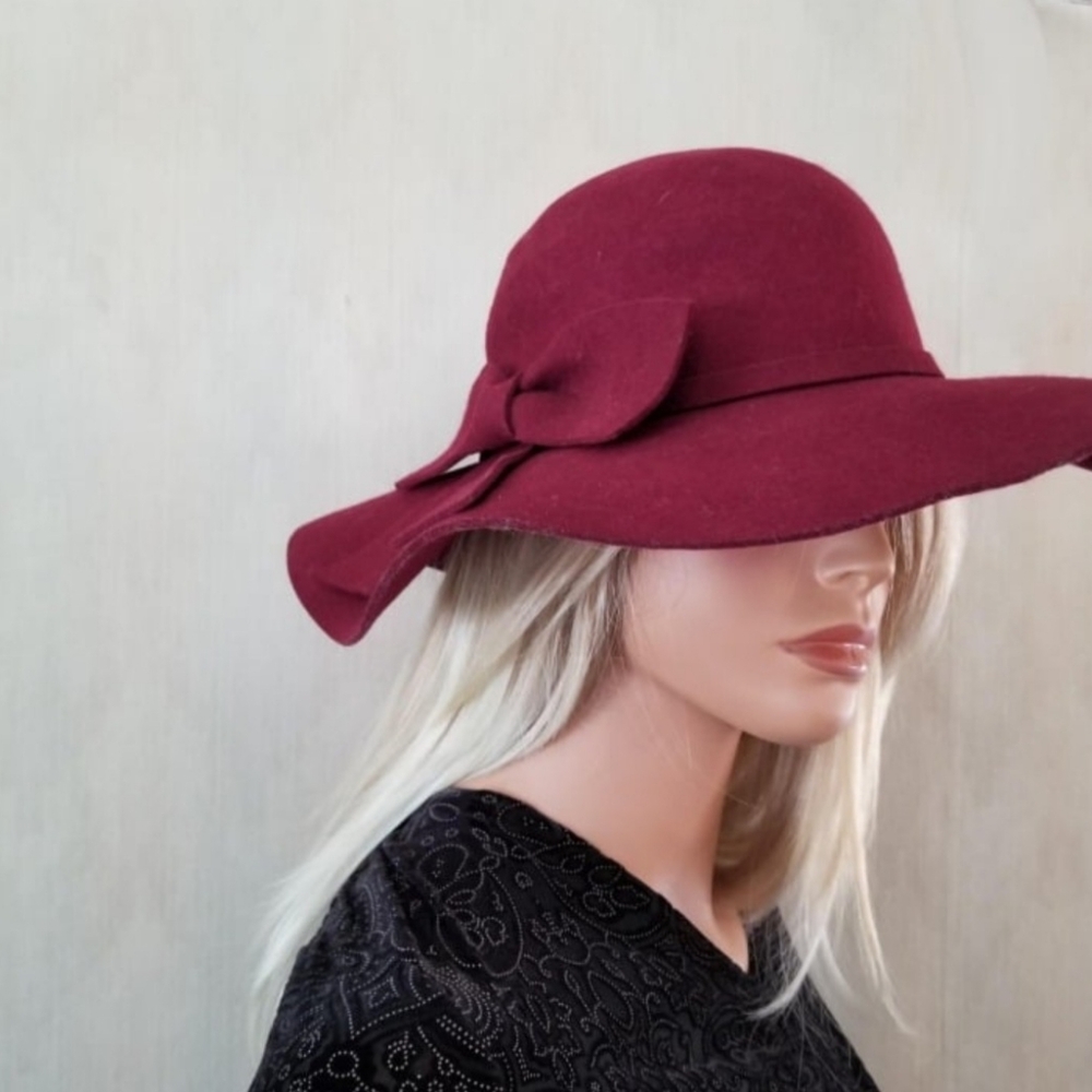 Burgundy Wide Brim Wool Hat Church Ladies Tea Wedding Event Classic Elegant Fall
